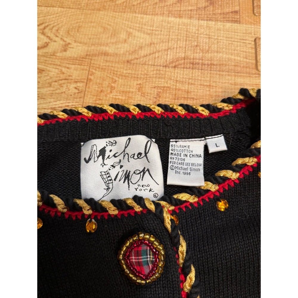 Michael Simon Vintage Nutcracker Christmas Cardigan Sweater Black Plaid Large - Picture 4 of 7